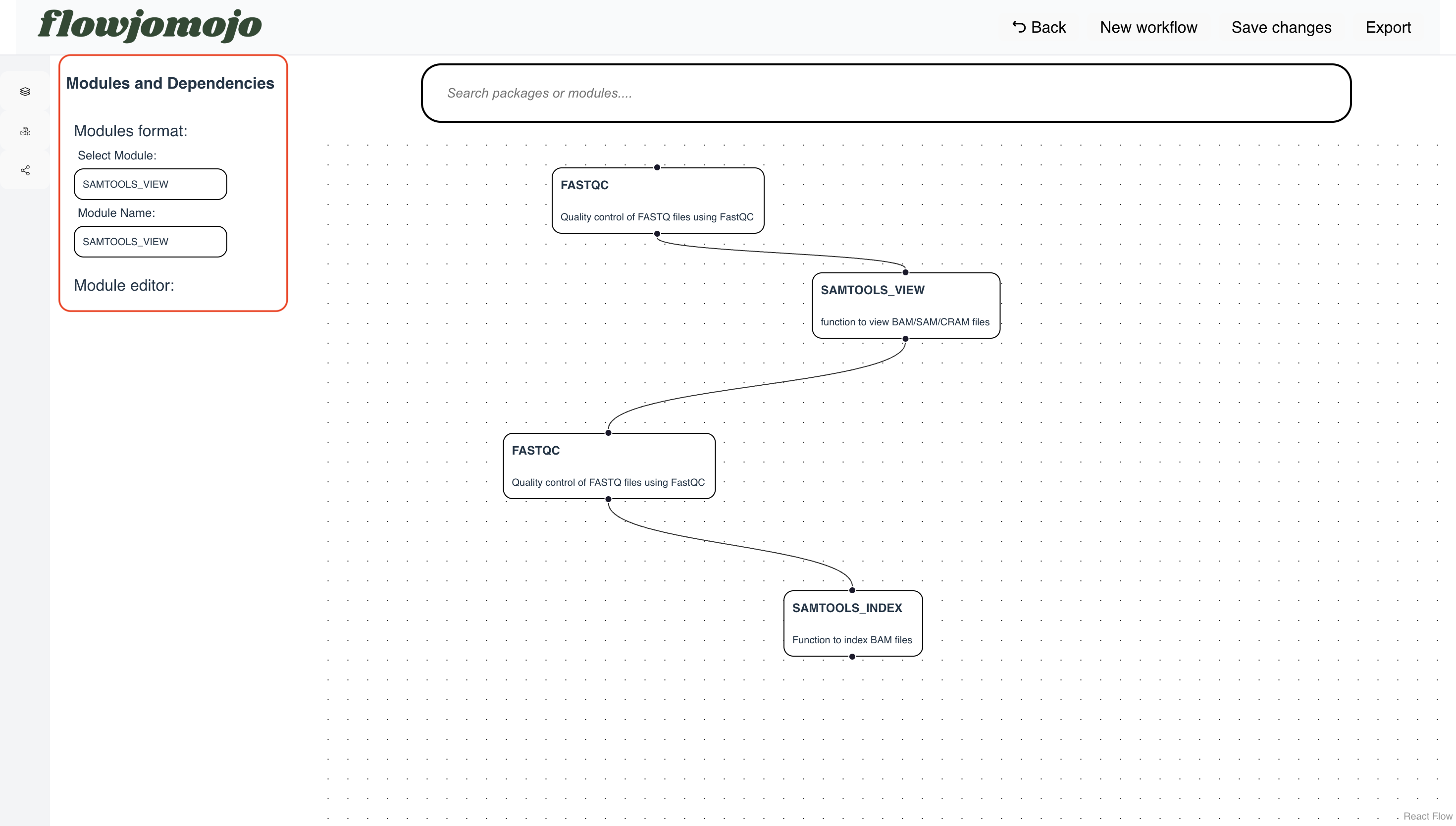 Flowjomojo - React-Flow webapp to construct modules drag and drop for pipeline construction